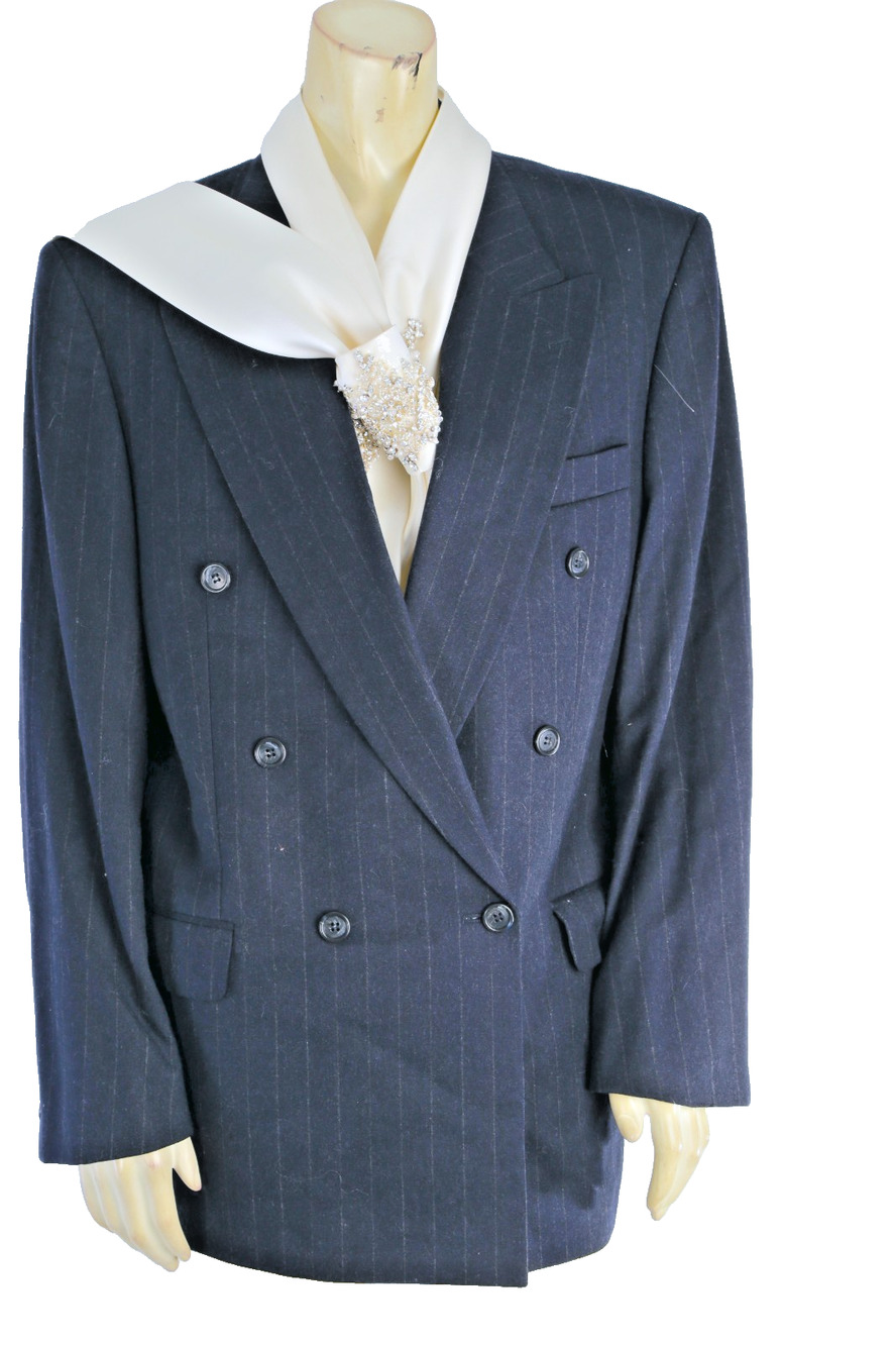 Vintage Oversized Navy Blue Pinstripe Wool Boyfriend Blazer Silk Scarf Size M
